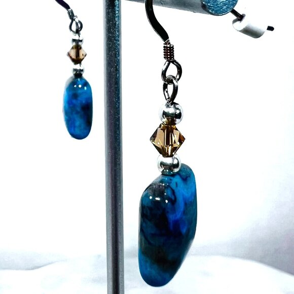 Silver 925 Dangle Earrings OOAK  .5" Sq Blue Brown Jadeite Bead Silver Accents - Picture 2 of 6